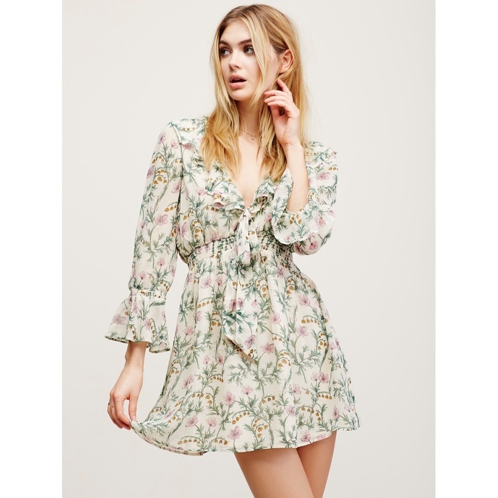 $128 Free People Floral Mini Dress Cream Ruffle Tie Front Women SM Cottagecore